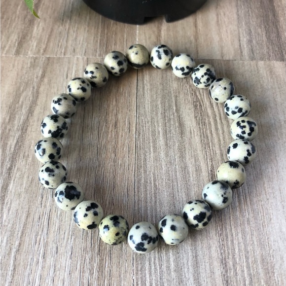 Dalmatian Natural Stone Beads Stretchable Bracelet 7" - 8mm Beads Best Gift - Picture 2 of 2